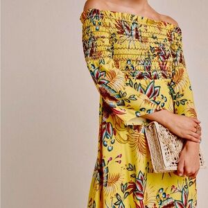 FARM Rio for Anthropologie Bria Smocked Yellow Floral Off-Shoulder Dress
